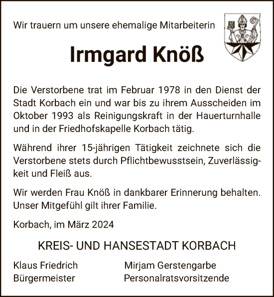 Traueranzeige von Irmgard Knöß von WLZ