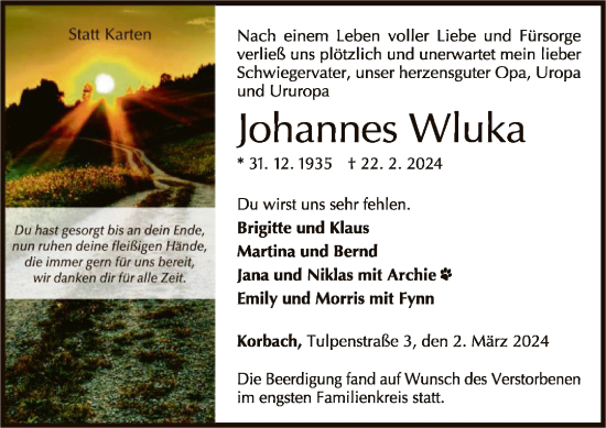 Traueranzeige von Johannes Wluka von WLZ