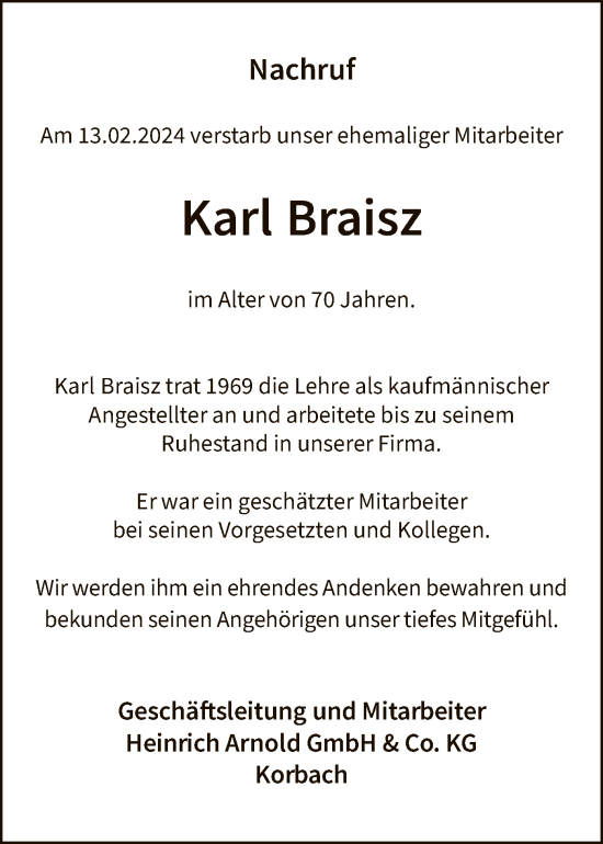 Traueranzeige von Karl Braisz von WLZ
