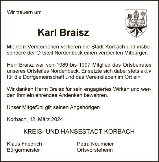 Traueranzeige von Karl Braisz von WLZ