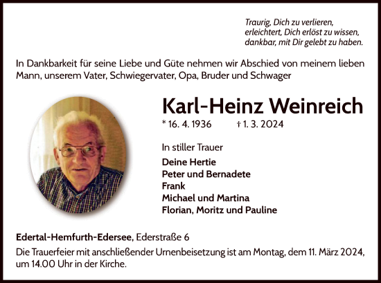 Traueranzeige von Karl-Heinz Weinreich von WLZ