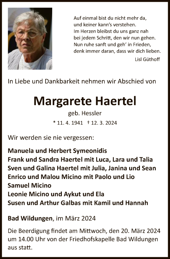 Traueranzeige von Margarete Haertel von WLZ