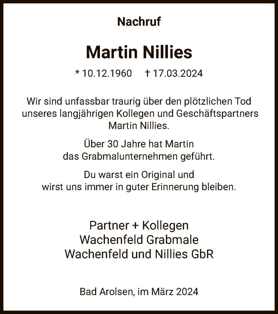  Traueranzeige für Martin Nillies vom 23.03.2024 aus WLZ