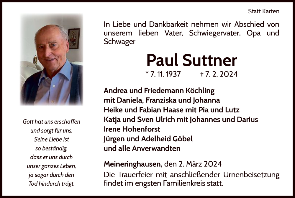  Traueranzeige für Paul Suttner vom 02.03.2024 aus WLZ