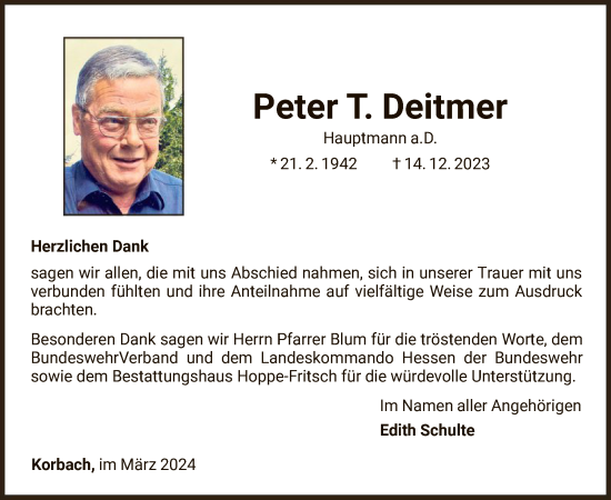 Traueranzeige von Peter  Deitmer von WLZ