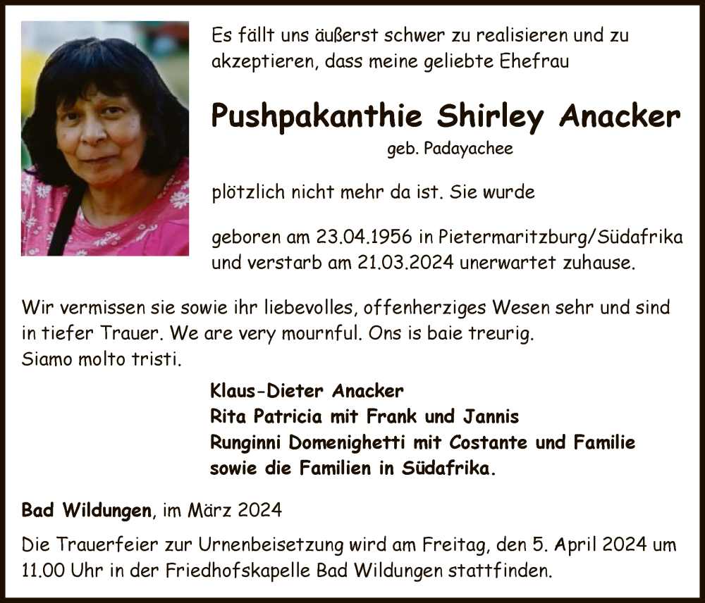  Traueranzeige für Pushpakanthie Shirley Anacker vom 30.03.2024 aus WLZ