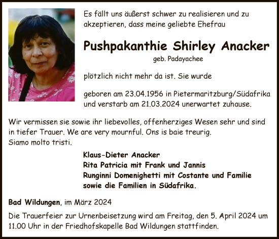 Traueranzeige von Pushpakanthie Shirley Anacker von WLZ