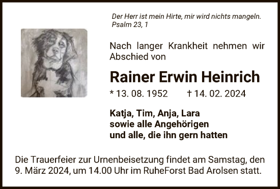 Traueranzeige von Rainer Erwin Heinrich von WLZHNA