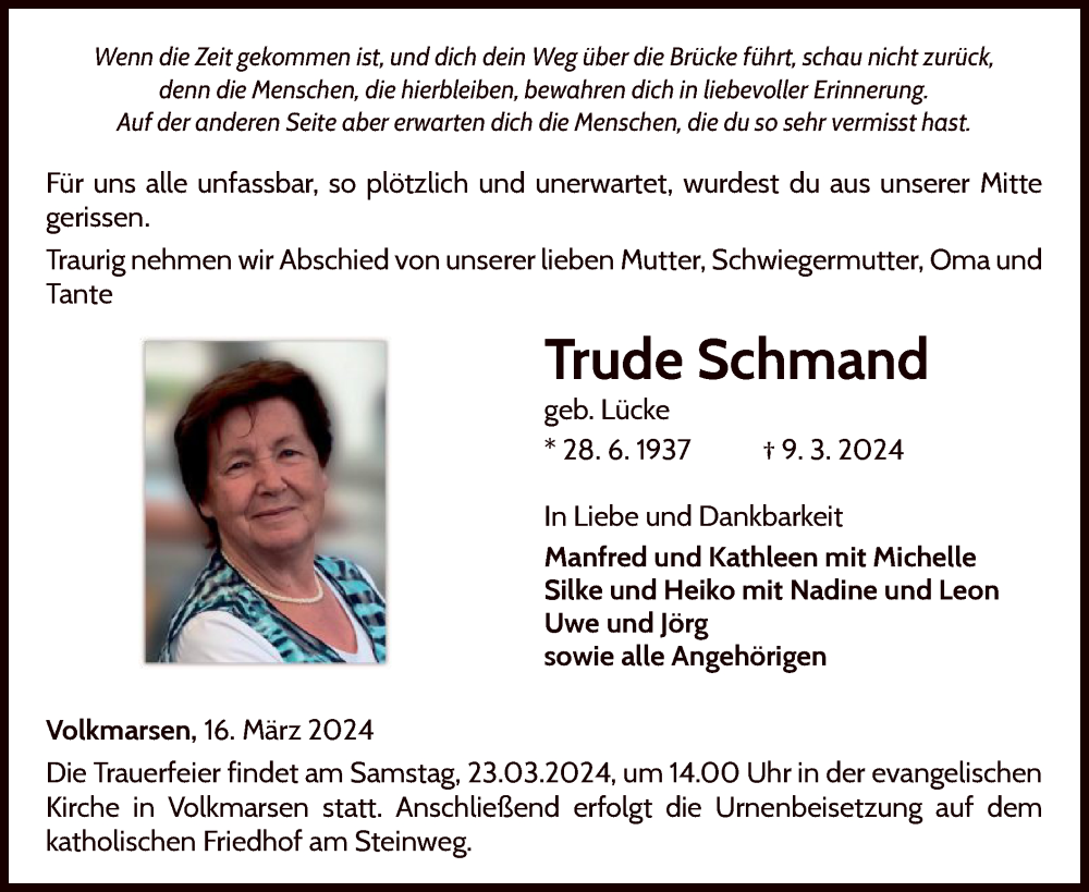  Traueranzeige für Trude Schmand vom 16.03.2024 aus WLZ