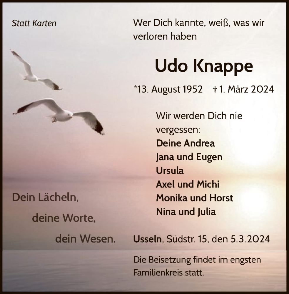  Traueranzeige für Udo Knappe vom 05.03.2024 aus WLZ