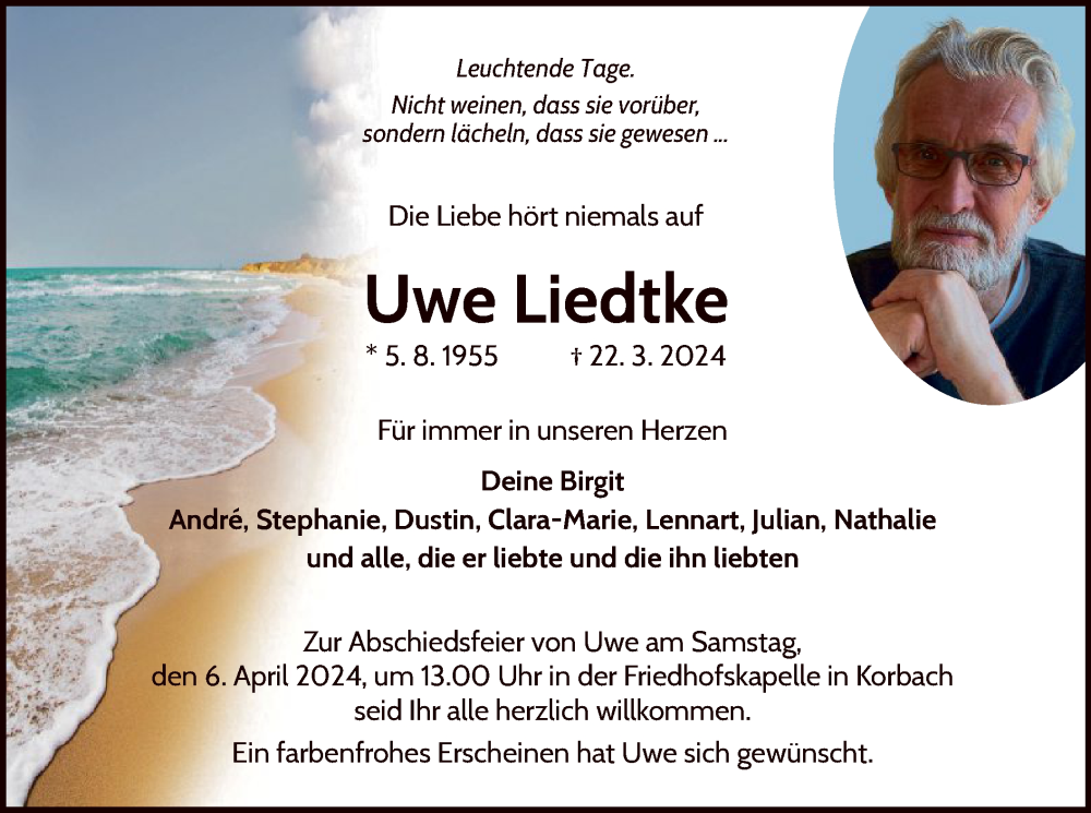  Traueranzeige für Uwe Liedtke vom 30.03.2024 aus WLZ