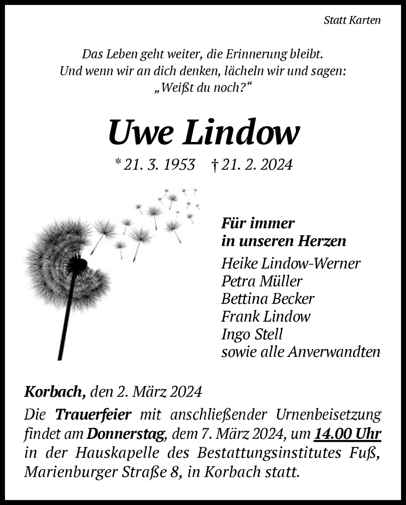  Traueranzeige für Uwe Lindow vom 02.03.2024 aus WLZ