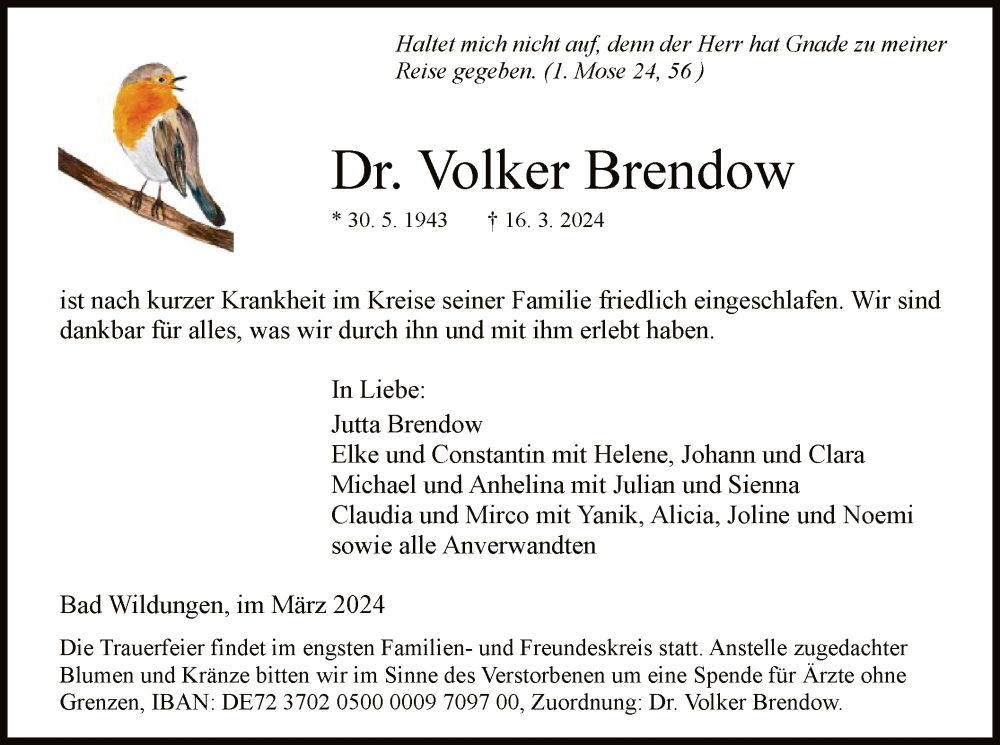  Traueranzeige für Volker Brendow vom 23.03.2024 aus WLZ