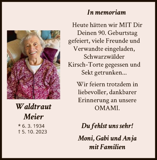 Traueranzeige von Waldtraut Meier von WLZ