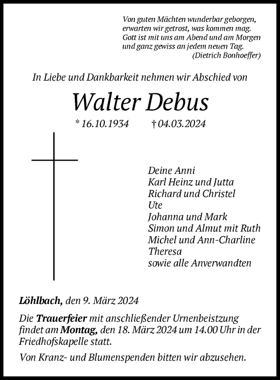 Traueranzeige von Walter Debus von HNAWLZ