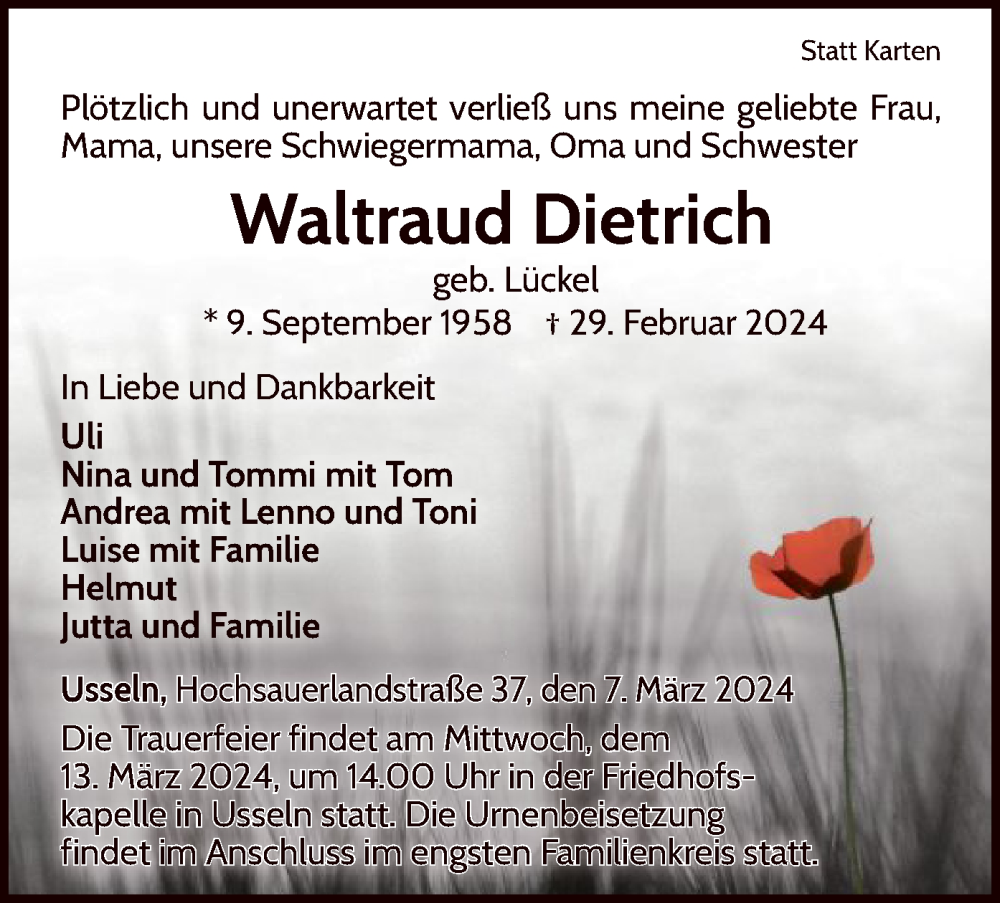  Traueranzeige für Waltraud Dietrich vom 07.03.2024 aus WLZ