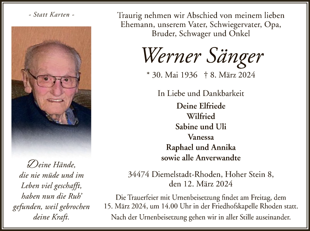  Traueranzeige für Werner Sänger vom 12.03.2024 aus WLZ