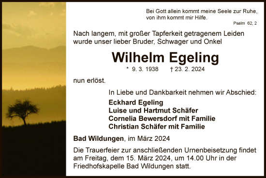 Traueranzeige von Wilhelm Egeling von WLZ