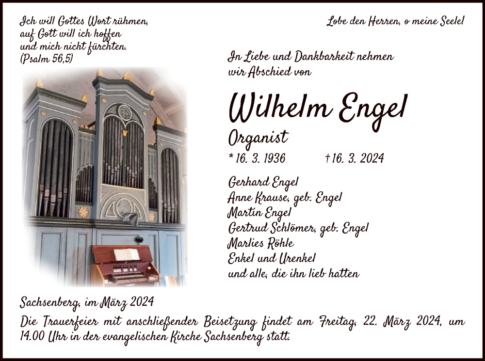  Traueranzeige für Wilhelm Engel vom 20.03.2024 aus WLZHNA