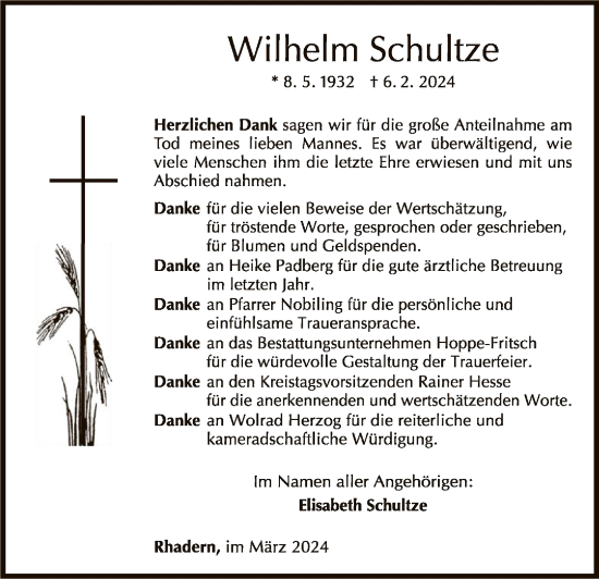 Traueranzeige von Wilhelm Schultze von WLZ