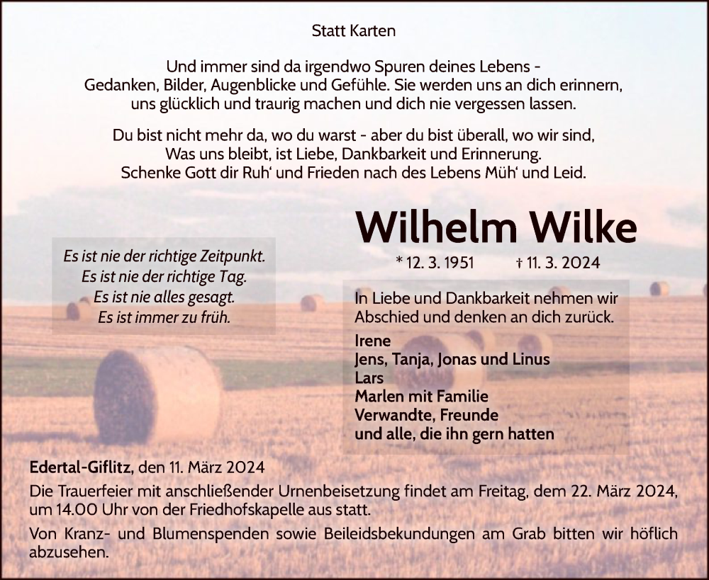  Traueranzeige für Wilhelm Wilke vom 16.03.2024 aus WLZ
