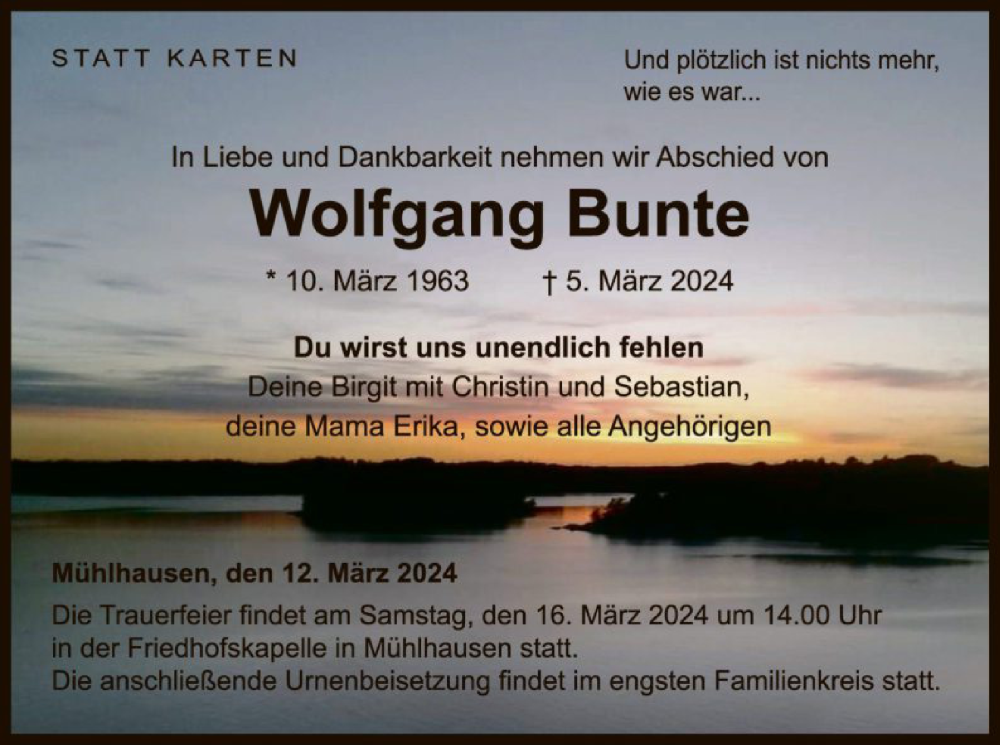  Traueranzeige für Wolfgang Bunte vom 12.03.2024 aus WLZ