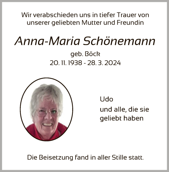 Traueranzeige von Anna-Maria Schönemann von WLZ