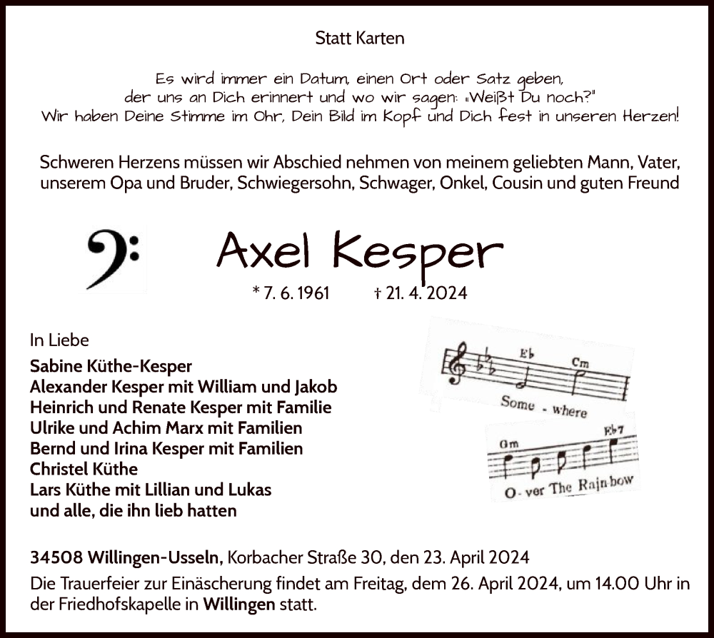  Traueranzeige für Axel Kesper vom 23.04.2024 aus WLZ