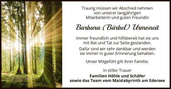 Traueranzeige von Barbara Urmoneit von WLZ