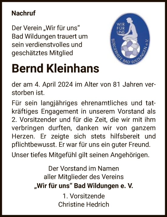 Traueranzeige von Bernd Kleinhans von WLZ