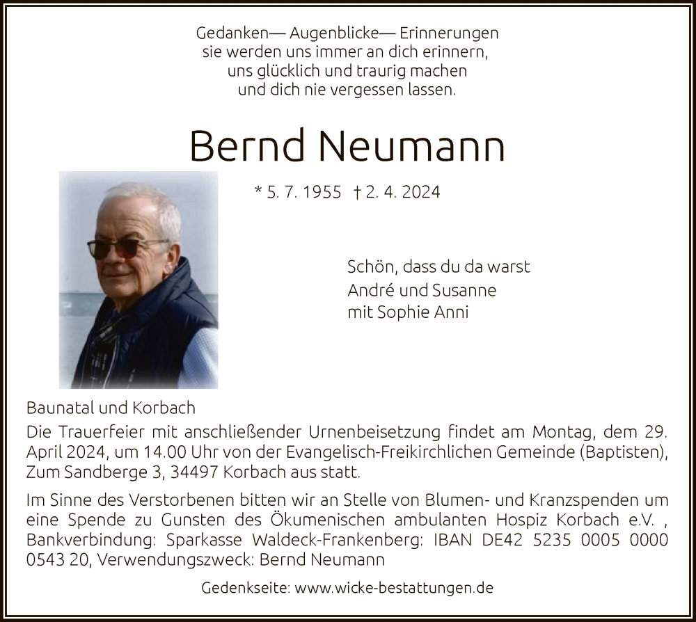  Traueranzeige für Bernd Neumann vom 17.04.2024 aus WLZ