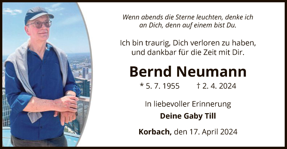  Traueranzeige für Bernd Neumann vom 17.04.2024 aus WLZ
