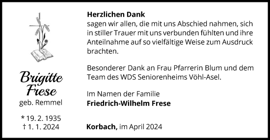 Traueranzeige von Brigitte Frese von WLZ