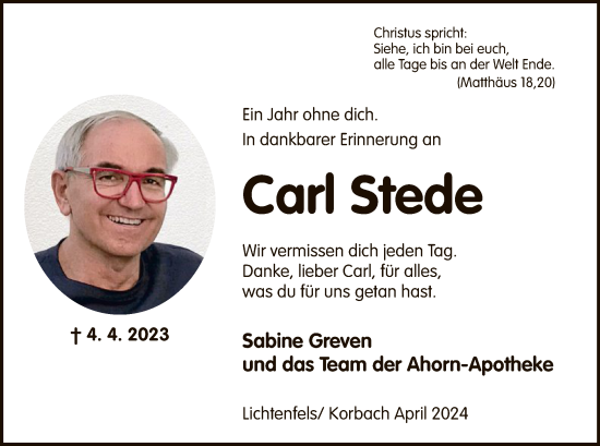 Traueranzeige von Carl Stede von WLZ