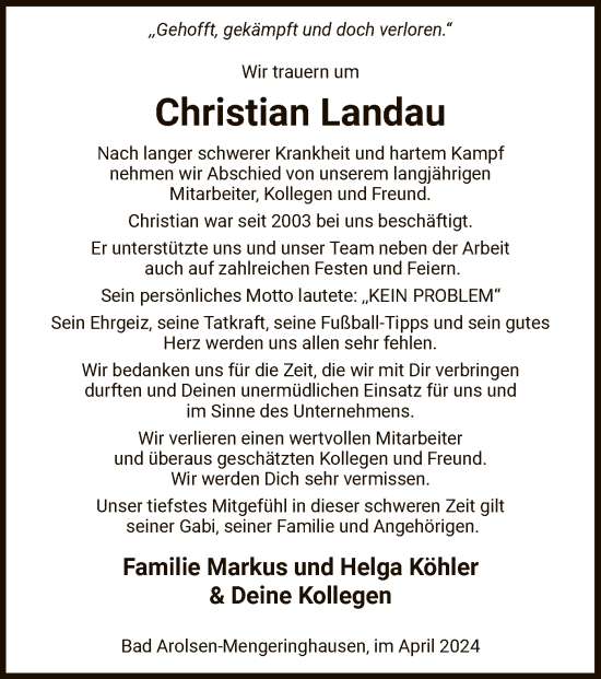 Traueranzeige von Christian Landau von WLZ