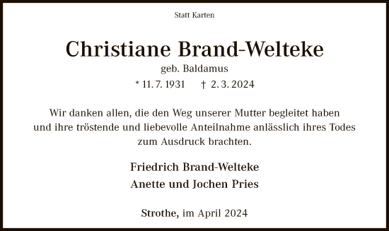 Traueranzeige von Christiane Brand-Welteke von WLZ