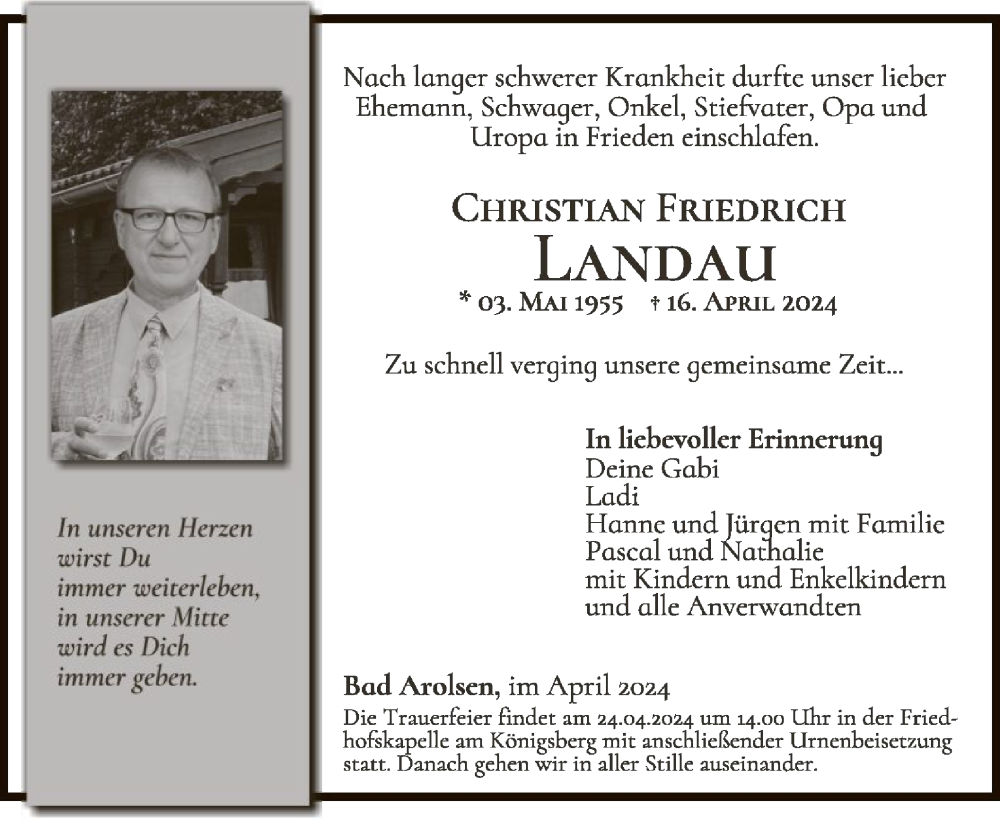  Traueranzeige für Christian Friedrich Landau vom 20.04.2024 aus WLZ