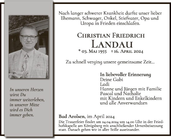 Traueranzeige von Christian Friedrich Landau von WLZ