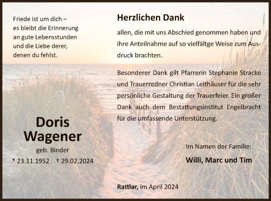 Traueranzeige von Doris Wagener von WLZ