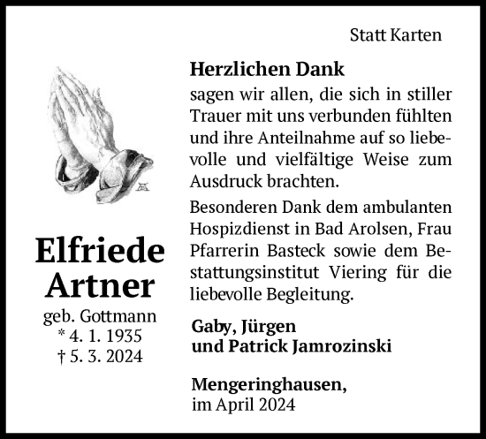 Traueranzeige von Elfriede Artner von WLZ