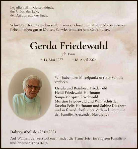 Traueranzeige von Gerda Friedewald von WLZHNA