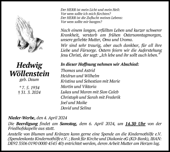 Traueranzeige von Hedwig Wöllenstein von WLZ