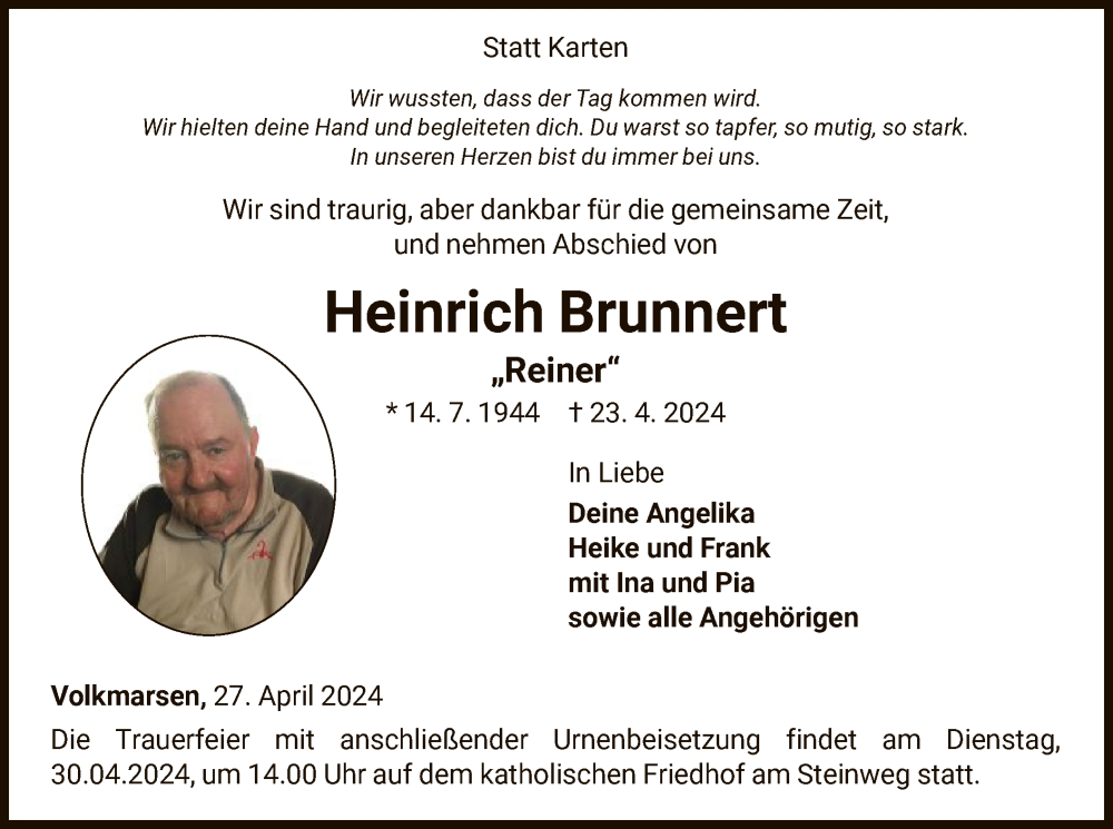  Traueranzeige für Heinrich Brunnert vom 27.04.2024 aus WLZ