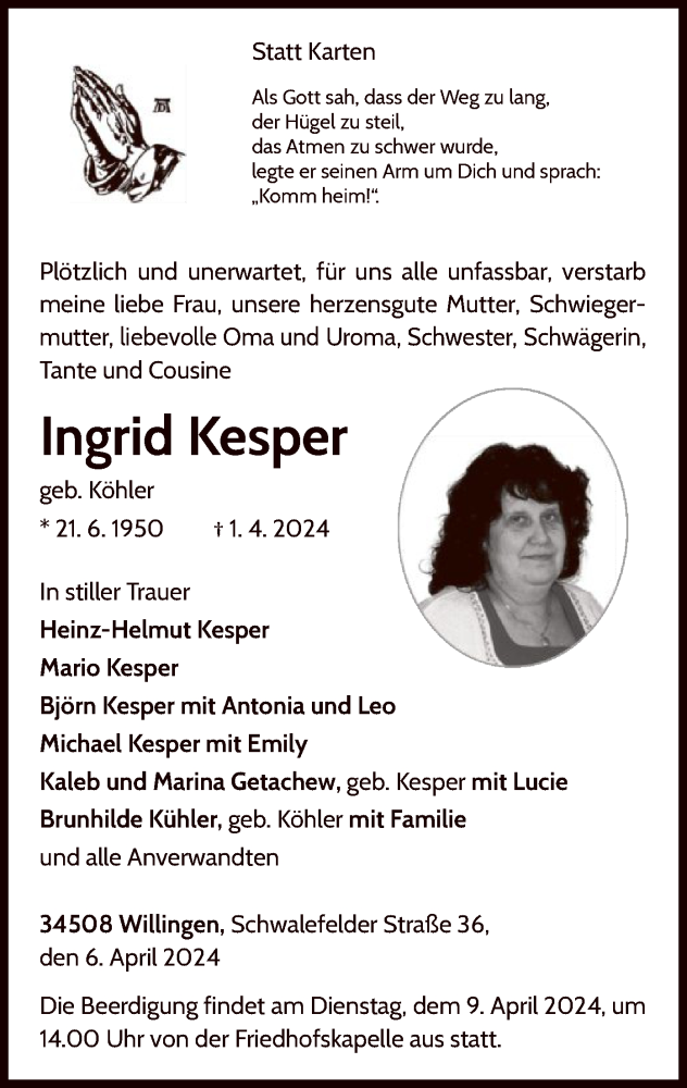  Traueranzeige für Ingrid Kesper vom 06.04.2024 aus WLZ