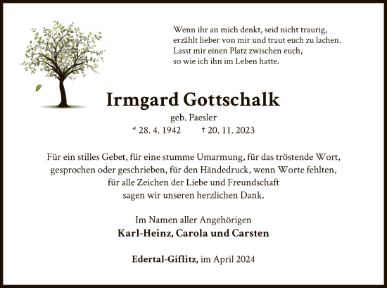 Traueranzeige von Irmgard Gottschalk von WLZ