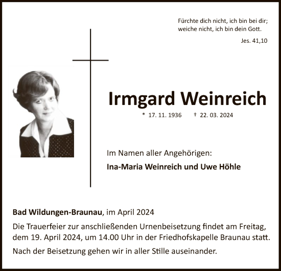 Traueranzeige von Irmgard Weinreich von WLZ