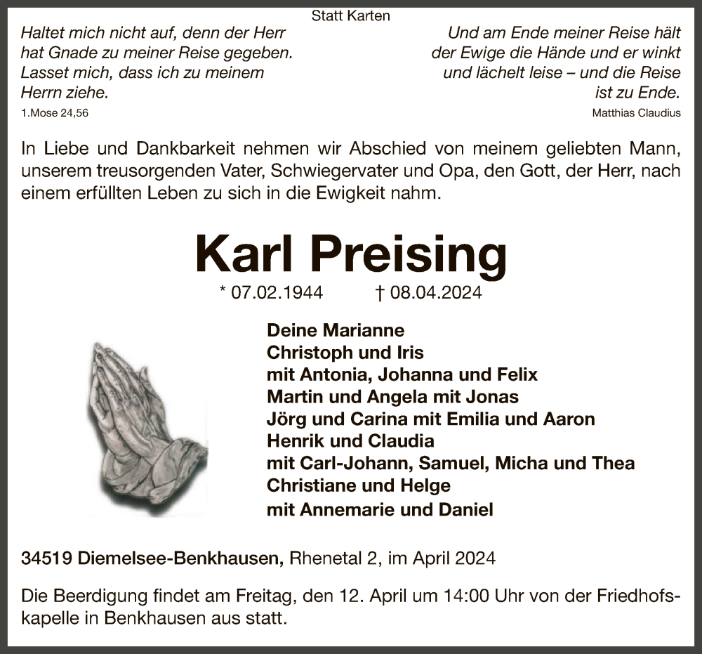  Traueranzeige für Karl Preising vom 10.04.2024 aus WLZ