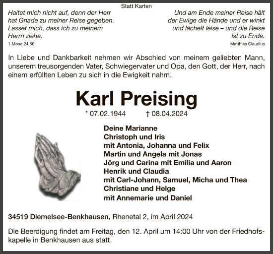 Traueranzeige von Karl Preising von WLZ