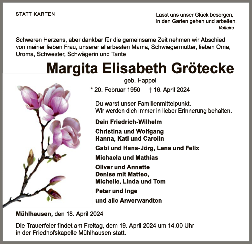  Traueranzeige für Margita Elisabeth Grötecke vom 18.04.2024 aus WLZ