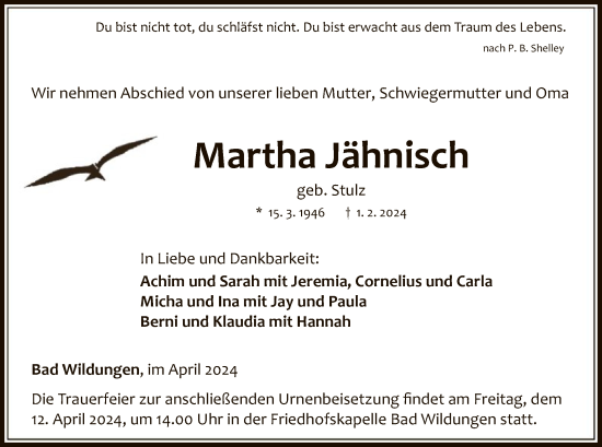 Traueranzeige von Martha Jähnisch von WLZ